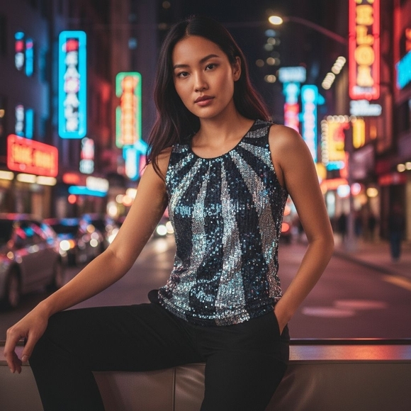 Macy's Sequin Bling Sun Rays Knit Top Black And Silver - Picture 7 of 7